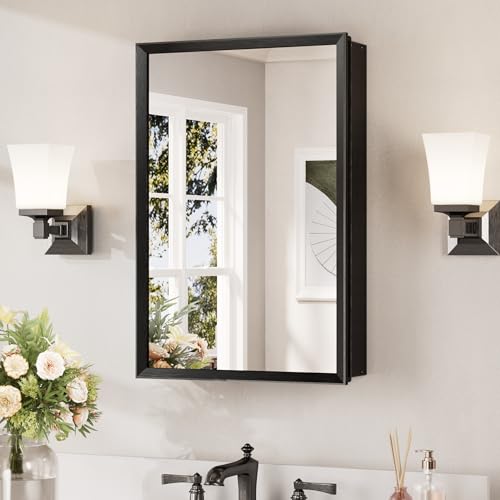 Keonjinn Black Medicine Cabinet Mirror 16 x 24, Stepless Adjustable Shelves | Assembly Needed, Wall-Mounted or Recessed, Lightweight Aluminum, Beveled Framed Bathroom Mirror with Storage, Tempered Glass - color: Black, size: 16x24 In