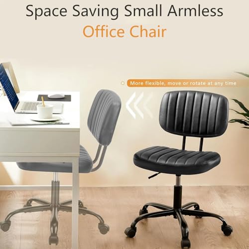 HealSmart Small Office Desk Chair with Wheels, Armless Desk Chair with Lumbar Support, PU Leather Low Back Adjustable Height 360° Rolling Swivel Task Chair Without Arm for Home, Bedroom,Office, Black