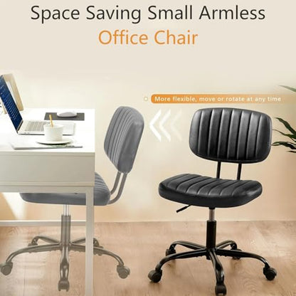 HealSmart Small Office Desk Chair with Wheels, Armless Desk Chair with Lumbar Support, PU Leather Low Back Adjustable Height 360° Rolling Swivel Task Chair Without Arm for Home, Bedroom,Office, Black