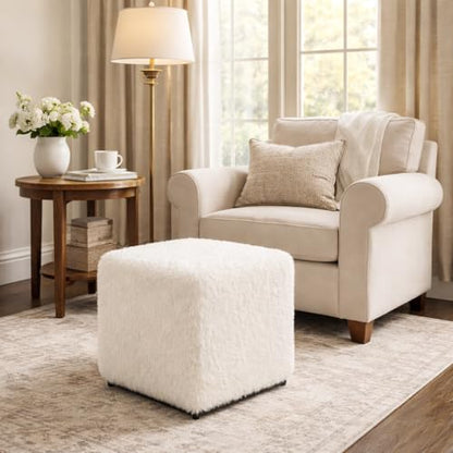 HomePop 16" Cube Ottoman - White Faux Fur - color: White Faux Fur