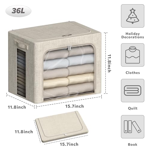 4 Pack Clothes Storage Bins with Metal Frame - 36L Stackable Storage Box with Lid，Foldable Storage Container Organizer for Clothes，Linen Fabric Storage Box with Clear Window＆Zippers＆Handles - color: Beige, size: 36L