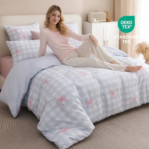Blue Plaid Pink Bow Duvet Cover Queen Size | Soft Lightweight Microfiber Duvet Cover Set With Zipper Closure, Blue Plaid And Pink Bow Design, Includes 2 Pillowcases - color: Bow-knot, size: Queen(No Comforter)