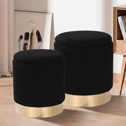 Round Ottoman with Storage Set of 2, Black Sherpa Vanity Stool | Upholstered,Small Ottoman Coffee Table,Removable Lid,Foot Stool for Living Room,Bedroom,Assembly Free, Gold and Black - color: Sherpa Black