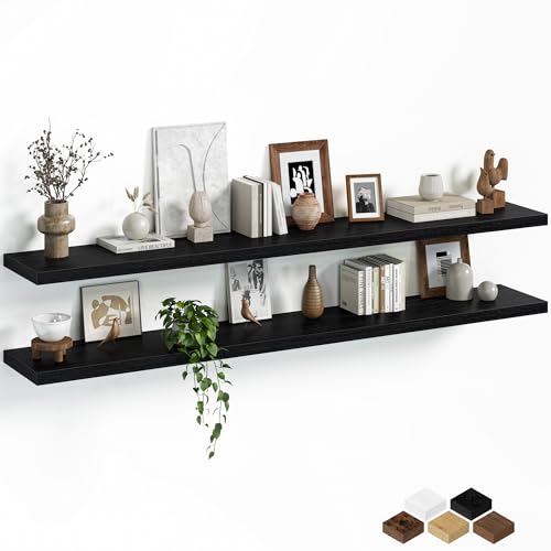 Fun Memories Floating Shelves for Wall, 66 Inch Long Set of 2 Rustic Wood Wall Shelves with Invisible Brackets, Heavy Duty Storage Display for Living Room Bedroom Kitchen, Black - color: Black, size: 66"W x 8"D, Set of 2