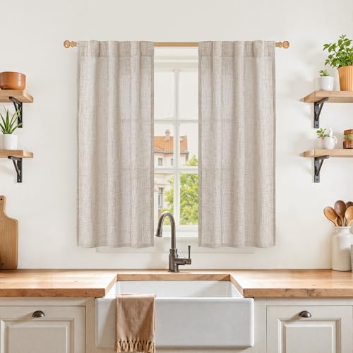 YoungsTex Natural Linen Curtains 48 Inch Length for Kitchen Window, Short Semi Sheer Drapes with Rod Pocket Back Tab Light Filtering for Cafe Bathroom Windows, 2 Panels, 30 X 48 Inch - color: Natural, size: 30"W x 48"L (Pack of 2)