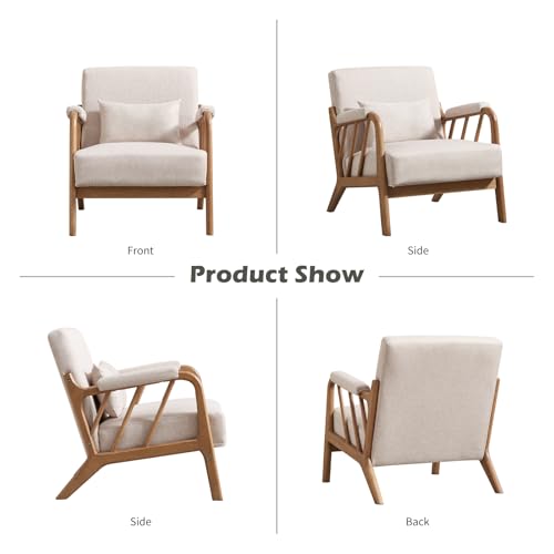 IOMOR Mid Century Modern Accent Chair with Solid Wood Frame Linen Fabric, Upholstered Living Room Chairs with Lumbar Cushion Padded Arms, Reading Armchair for Bedroom (1, Warm Beige) - color: Warm Beige
