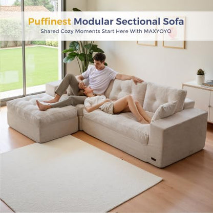 MAXYOYO Boneless Couch, 96-Inch L-Shaped Cloud Couch with Ottoman | Beige Layered Cushioning and Flexible Modules Create an Upholstered Sofa in a Box with No Assembly for Spacious Living Rooms. - color: Beige, size: 96" L Shape