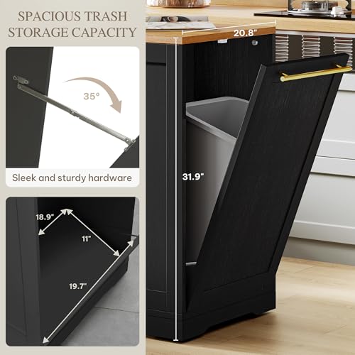 DWVO Large Kitchen Island with Trash Can Cabinet | 53 Inch Kitchen Island on Wheels, Rolling Island with Tilt‑Out Garbage Storage Fits 13 Gallon Bin, Spice Rack - color: Black