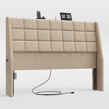 Ergonomic Upholstered Headboard Queen Size w/Charging Station, Linen Wingback Headboards w/Storage Pocket, Queen Headboard Only, Bed Frame Adapters, Sturdy Stable Solid Wood Bed Head Board, Beige - color: Beige, size: Queen