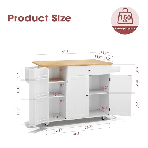 GRUSIGN Kitchen Island with Storage, 41.7" Rolling Cart with Drop Leaf, Portable Island Table on Wheels, Spice Rack, Towel Rack and Drawer, White, 41.7" L x 29.5" W