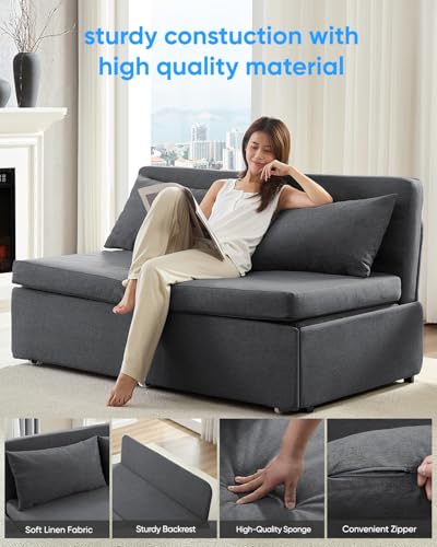 64.2" Queen Size Pull Out Sofa Bed，3-in-1 Linen Convertible Sleeper Sofa Bed,Loveseat Pullout Bed with Pillows and Tri-fold Mattress for Small Space/Bedroom,Dark Grey - color: Dark Grey, size: Queen