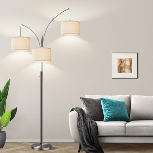 Dimmable Floor Lamp, 3 Lights Sliver Arc Floor Lamp, Modern Tall Standing Tree Lamp with White Linen Shades & Heavy Base, 3000LM LED Bulbs, Bright Lighting for Living Room, Bedroom, Office & Reading - color: Brushed Nickel-White Shade