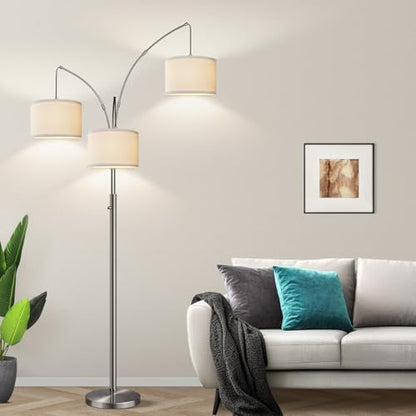 Dimmable Floor Lamp, 3 Lights Sliver Arc Floor Lamp, Modern Tall Standing Tree Lamp with White Linen Shades & Heavy Base, 3000LM LED Bulbs, Bright Lighting for Living Room, Bedroom, Office & Reading - color: Brushed Nickel-White Shade