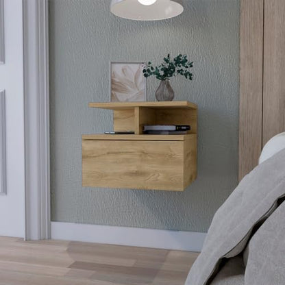 FM FURNITURE Augusta Floating Nightstand with 2-Tier Shelf and 1-Drawer, Macadamia - color: Macadamia