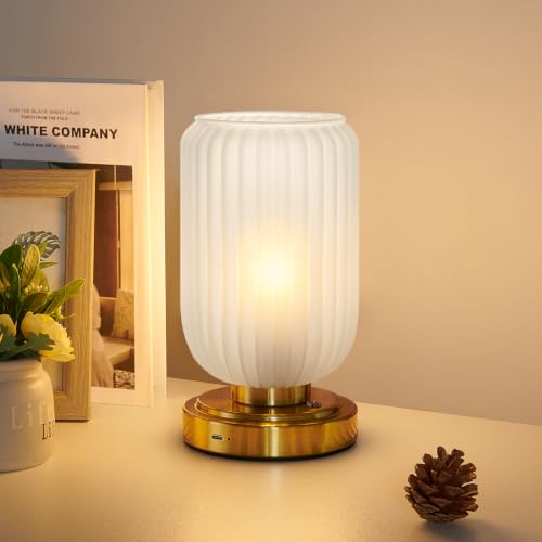 LightRound Cordless Table Lamp for Bedroom, Touch Stepless Dimmable | 7500mAh Rechargeable Battery, Matte Glass Shade, Brushed Gold Base, Bulb Included, Modern Wireless Lamp for Desk, Living Room - color: Matte Glass-Brushed Gold Base
