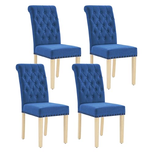 adochr Linen Dining Chairs Set of 4, Armless Parsons Chairs,Dark Blue | Wooden Legs & Tufted Buttons, Upholstered Dining Room Chair for Kitchen/Dining Room/Living Room - color: Dark Blue, size: 4PCS