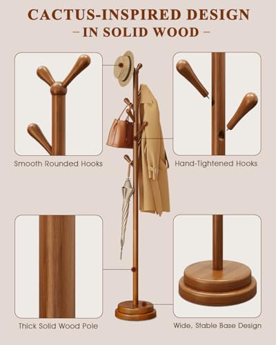 STARSAGA Solid Wood Coat Rack Freestanding Coat Tree with 8 Hooks | Adjustable Height Heavy Duty Coat Rack with Rounded Hooks & Dual-Layer Base, Holds Coats Hats Bags for Entryway, Bedroom - color: Walnut