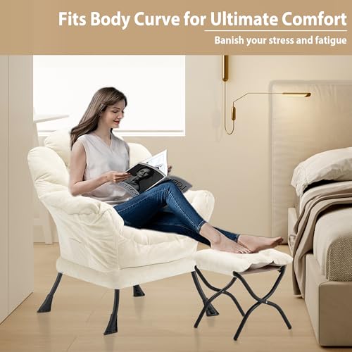 Youtanic Lazy Chair with Folding Ottoman, Accent Chair Plush Upholstered with Metal Structure and Non-Slip Pads, Sofa Armchair with Footrest and Side Storage Bag for Dorm, Room, Office, Beige - color: Plush Beige-f
