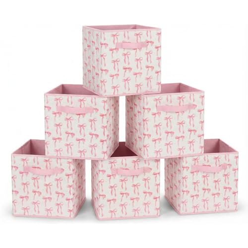 6 Pcs Pink Bow Cube Storage Bins 12.5 Inch Pink Storage Basket with Handle, Preppy Girls Organizer Basket, Collapsible Fabric Box for Classroom Bedrooms Office Home Decoration (Bow) - color: Bow