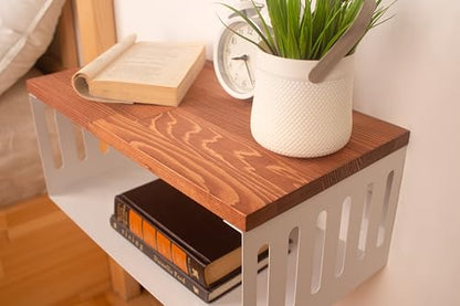 Floating Nightstand with White Metal Base, Wooden Top and Sturdy Metal Base, Minimalist Bedside Table, Wall Mounted Shelf, Bedside Shelf (Paris) - color: Paris