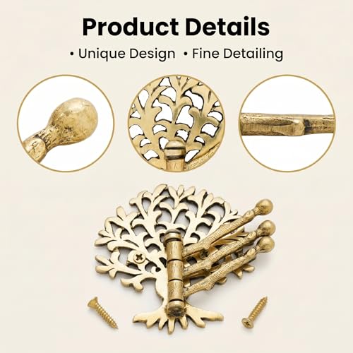 Indian Shelf Brass Tree Swivel Wall Hook, Foldable Tri-Arm Gold Hanger - style: Tree
