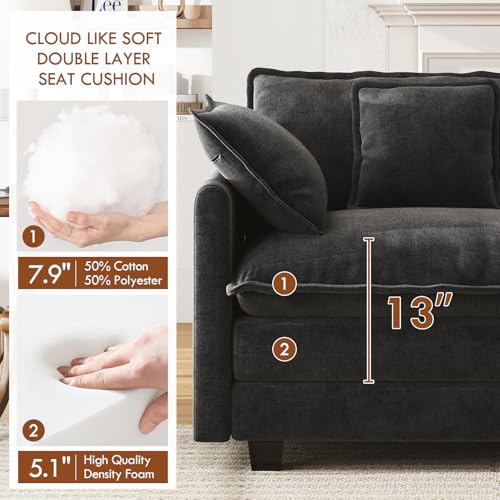 77" Cloud Sofa Loveseat, Comfy Sectional Couch, 2-Seater Chenille Deep Seat Sofa with Throw Pillows for Living Room Bedroom Apartment (Black) - color: Black, size: 77" Sofa