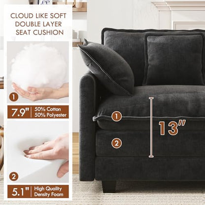 77" Cloud Sofa Loveseat, Comfy Sectional Couch, 2-Seater Chenille Deep Seat Sofa with Throw Pillows for Living Room Bedroom Apartment (Black) - color: Black, size: 77" Sofa