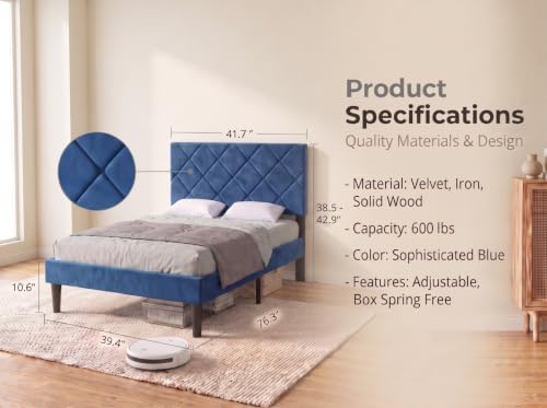 Twin Size Bed Frame with Adjustable Diamond Headboard,Velvet Fabric Upholstered Platform Bed,No Box Spring Needed, Easy Assembly, Noise Free, 600 lbs Capacity, Under Bed Storage for Small Space,Blue - color: Blue