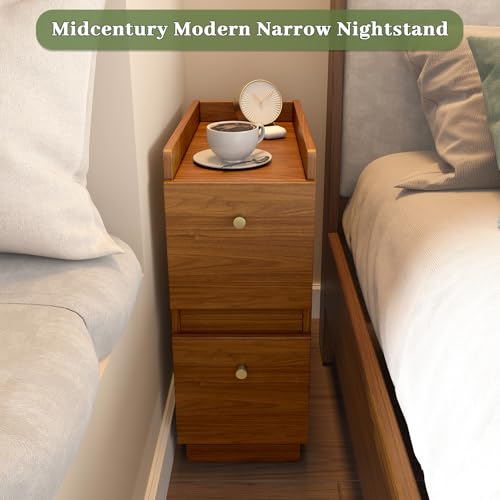 Narrow Night Stands, Modern Slim Nightstand Set of 2, Wooden Skinny Bedside Table 2 Drawers, Stackable Narrow Side Table with Drawers for Small Spaces, Bedroom, Living Room, Walnut Brown - color: Brown (2pcs)