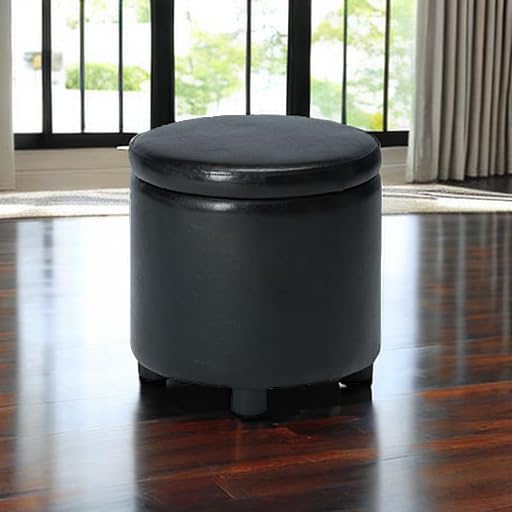 Designs4Comfort Round Accent Storage Ottoman in Black Faux Leather Fabric - color: Black