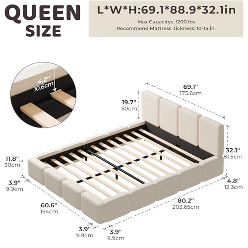 RECCI Queen Upholstered Platform Bed Frame with Plush Cloud Design | Cloud-Inspired Design, Upholstered Headboard & Footboard, Grounded Low Profile Design, Easy Assembly, No Box Spring Required - size: Queen