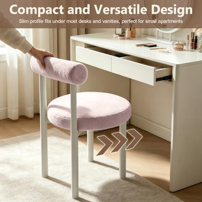 Cute Small Armless Desk Chair, Ergonomic Comfy Vanity Chairs Lumbar Support with Back for Makeup, Teddy Fabric Computer Desk Chair for Home, Bedroom, Vanity, Teens, Adults - color: Pink