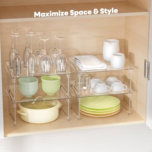 STARLATTA Acrylic Cabinet Organizer Shelf,4 Pcs Stackable Kitchen Counter Shelves,Spice Rack,Countertop Organizers,Clear Plastic Storage Organization for Makeup，Bathroom,Cupboard,Desk,Pantry - color: clear, size: 4 pack
