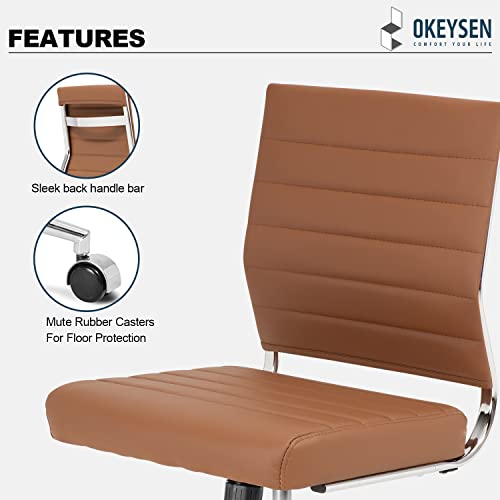 Okeysen Brown Armless Office Desk Chair, Mid Back Ergonomic Swivel Conference Room Chairs, Adjustable Height PU Leather Home Desk Chair, Modern Small Rolling Computer Task Chair - color: Brown