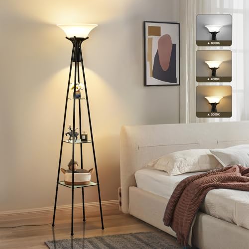 Luvkczc Torchiere Floor Lamp with Shelves, Black, 69" Tall | 3-Tier Glass Shelf, Plastic Shade, Adjustable Color Temperatures, Bulb Included - color: Black