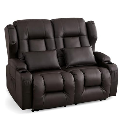 Loveseat Recliner Sofa,RV Wall Hugger Recliners for Small Spaces,Reclining Loveseat Sofa Recliner with Cup Holders/Lumbar Pillows,RV Furniture (Brown, 56" 2-Seater) - color: Brown, size: 56" 2-Seater