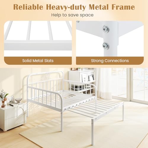 GIANTEX Metal Twin Bed Frame, Convertible Sofa Bed with Headboard & Armrests, Pull-Out Sleeper Chair Bed for Small Spaces Dorm Guest Apartment, Suitable for Folding Sofa Mattress, White - color: White