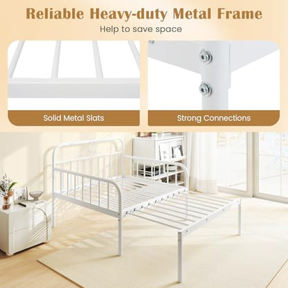 GIANTEX Metal Twin Bed Frame, Convertible Sofa Bed with Headboard & Armrests, Pull-Out Sleeper Chair Bed for Small Spaces Dorm Guest Apartment, Suitable for Folding Sofa Mattress, White - color: White