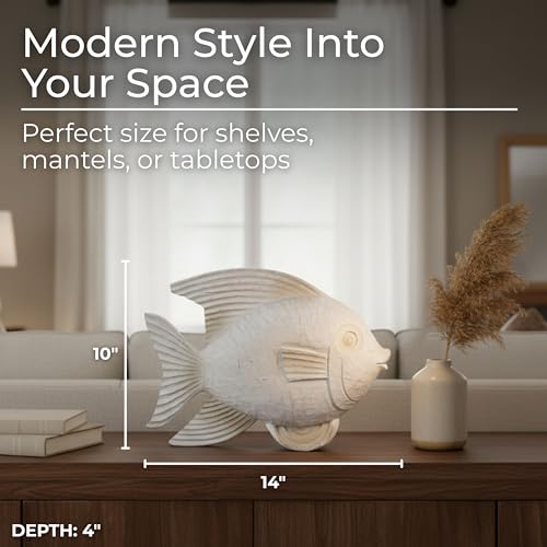 Bookshelf Decor Fish Figurine–White Wash Polyresin Decorative Accessory for Living Room, Coffee Table or Shelf – Aesthetic Boho Shelf Decor, Decorative Objects for Living Room – 13", White - size: 13"