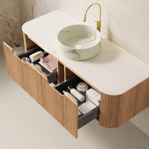 48" Floating Bathroom Vanity with Sink, Wall Mounted Plywood Cabinet, Natural Wood Grain Fluted Front, Sintered Stone Countertop, White Marble-Look Ceramic Vessel Sink, Soft-Close Drawer - color: Natural Oak Cabinet / White Marble Sink, size: 48 Inch