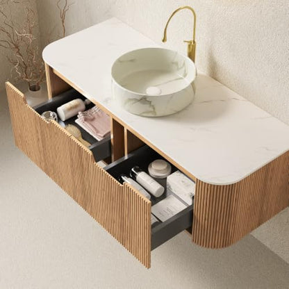 48" Floating Bathroom Vanity with Sink, Wall Mounted Plywood Cabinet, Natural Wood Grain Fluted Front, Sintered Stone Countertop, White Marble-Look Ceramic Vessel Sink, Soft-Close Drawer - color: Natural Oak Cabinet / White Marble Sink, size: 48 Inch