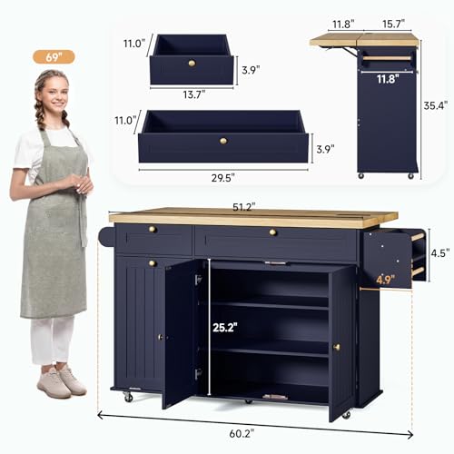 60" Kitchen Island with Power Outlet & Drop Leaf, Rolling Island with Spice Rack & Towel Rack, Kitchen Island Cart with Trash Storage Cabinet, Island Table for Kitchen, Blue - color: Blue