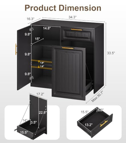 ZIFTY Pull Out Trash Can Cabinet with Storage, 13 Gallon Trash Can, Black | Pet Proof, Freestanding Kitchen Cabinet, Drawer & Adjustable Shelf, Garbage Recycling, Modern Farmhouse Waste Bin Furniture - color: Black, size: 34.3"W X 16.3"D X 33.5"H