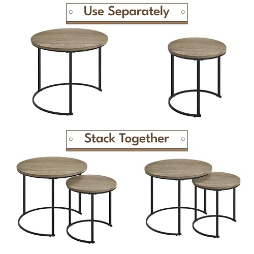 Yaheetech Round Nesting Coffee & Side Table Set of 2 for Living Room, Gray | Space-Saving Nesting Design, Engineered Wood Tops on Black Metal Frames, Use Apart as End Tables, Easy Assembly, 99 lb Max - color: Grey