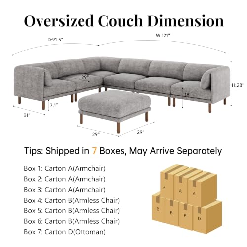 Cloud Sectional Couches for Living Room,Modular Sectional Sofa,Grey | Extra Deep 7 Seater,Mid Century Modern Oversized Couches With Ottoman,Solid Wood Leg,Large Sofa for Big Space,Office - color: Grey, size: 7 Seats L-Shaped Sofa