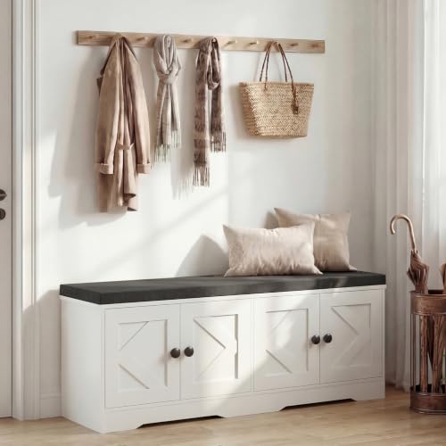 Apicizon Storage Bench with Seat Cushion, 2 Tier Entryway Bench with 4 Barn Doors, Adjustable Shelves, 47.36" Shoe Bench for Entryway Hallway Bedroom Living Room, Beige White - color: Beige White, size: 47Inch