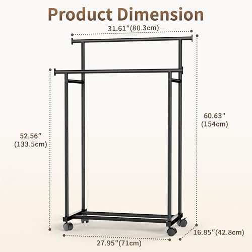 Double Rods Clothes Rack with Wheels, Garment Racks for Hanging Clothes, Multifunctional Metal Clothing Racks, Portable Wardrobe Rack for Clothing Organizers and Storage, Black