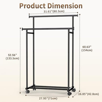 Double Rods Clothes Rack with Wheels, Garment Racks for Hanging Clothes, Multifunctional Metal Clothing Racks, Portable Wardrobe Rack for Clothing Organizers and Storage, Black