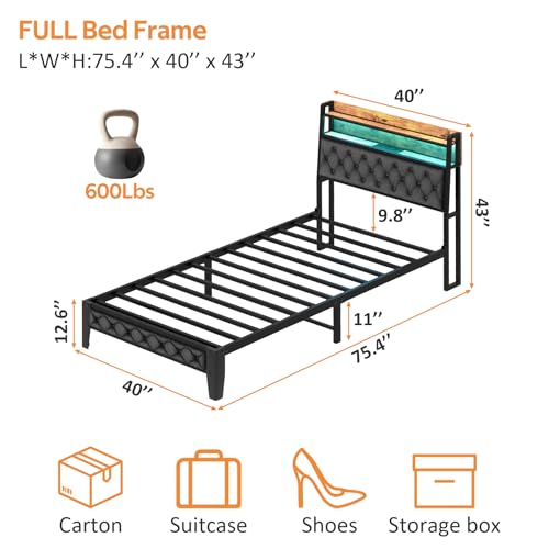 Winkalon Twin Metal Bed Frame with RGB Lights, Charging Station, Upholstered Headboard, Storage Shelves & Under Bed Space, Powder Coated, 250 lbs Capacity - size: Twin