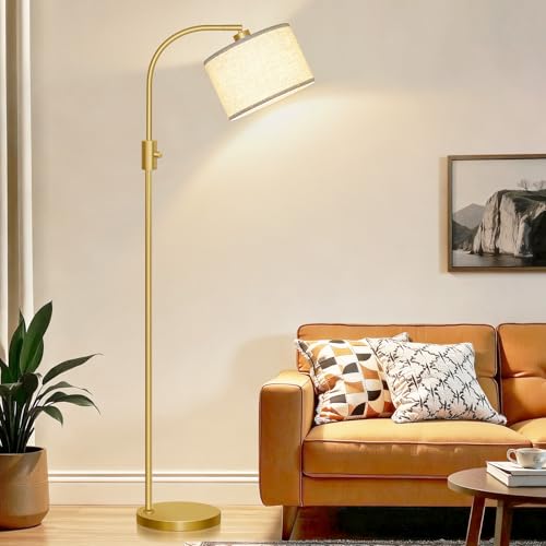 Nintiue Upgraded Modern Arc Dimmable Tall Standing Floor Lamp with Linen Shade, 1200 Lumens LED Bulb Included, for Living & Reading Room, Bedroom, Office & Nursery, Gold - color: Gold-Linen Shade